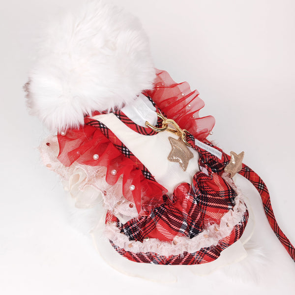 Glitter Pooch Harness ชุดรัดอก สายจูง เสื้อผ้า สุนัข, หมา, แมว, สัตว์เลี้ยง พร้อม สายจูง รุ่น Starry Noel Soirée - Red