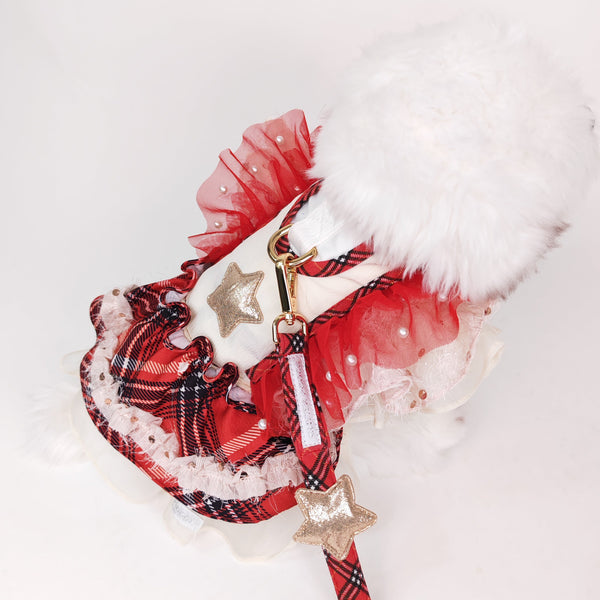Glitter Pooch Harness ชุดรัดอก สายจูง เสื้อผ้า สุนัข, หมา, แมว, สัตว์เลี้ยง พร้อม สายจูง รุ่น Starry Noel Soirée - Red